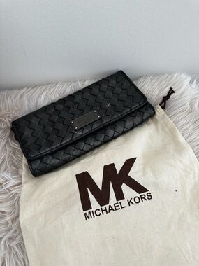Michael Kors Black Woven Leather Fold-Over Clutch